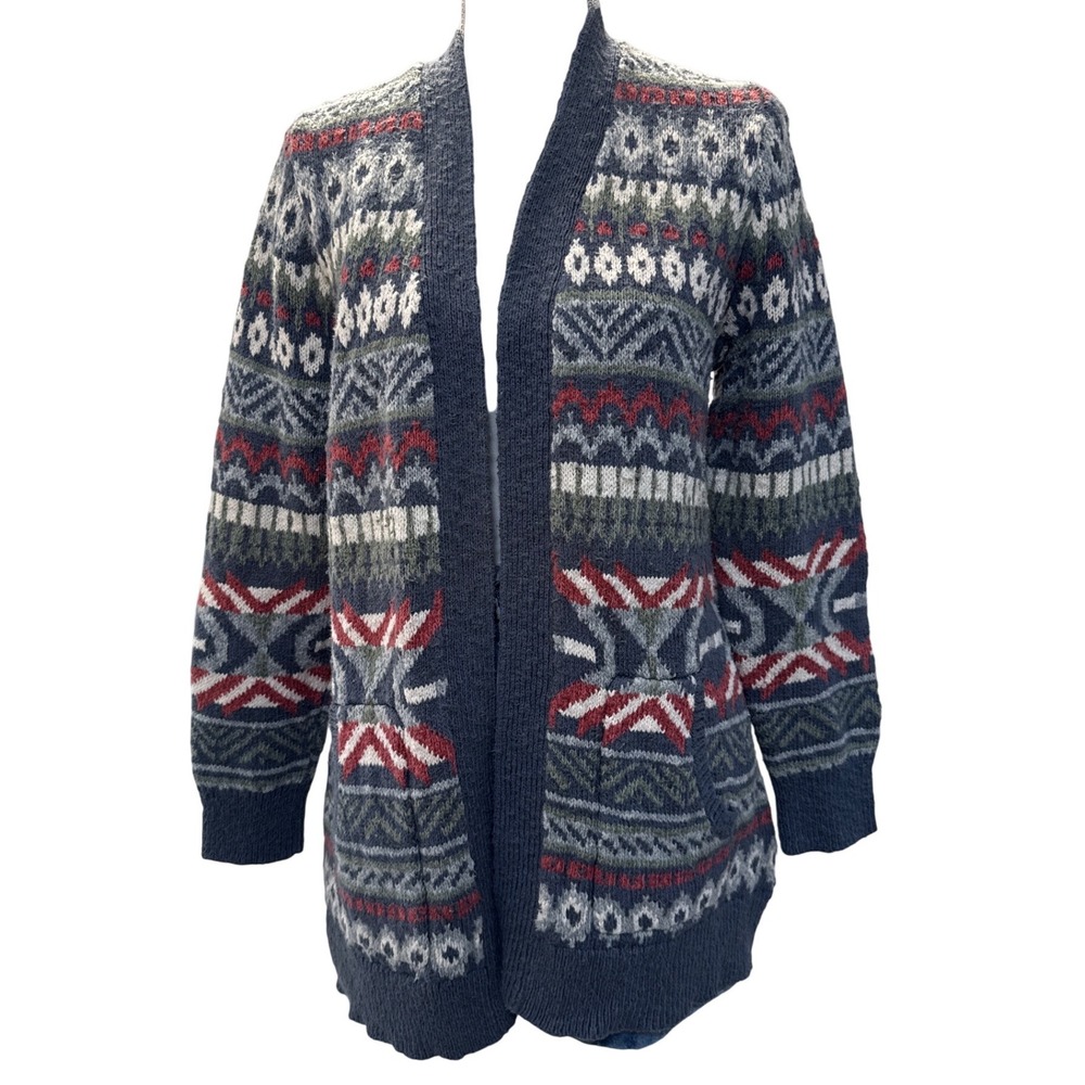 LL Bean Ragg Sweater Fair Isle Cardigan Open Front Cotton Multicolor Women large